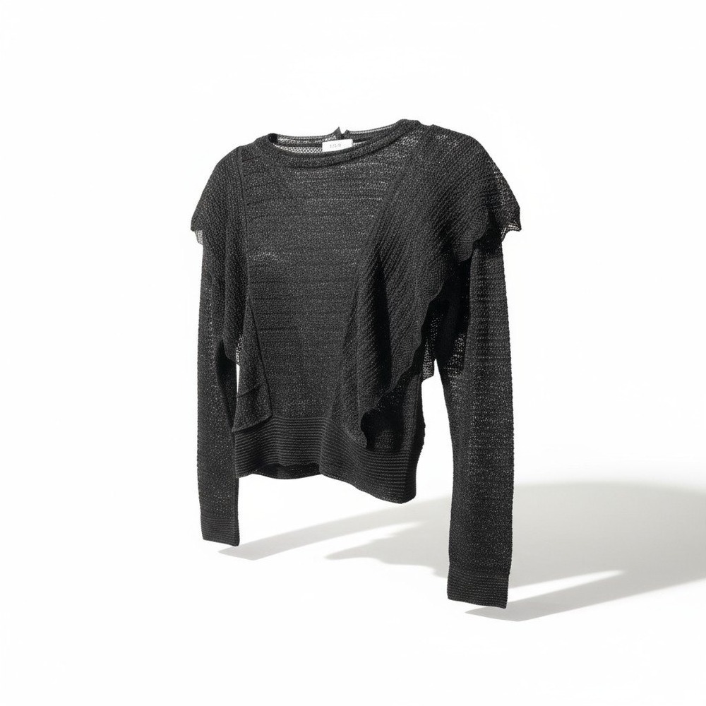 Zara Knit Black Italian Yarn Crochet Long Sleeve Top Ruffle Detail M